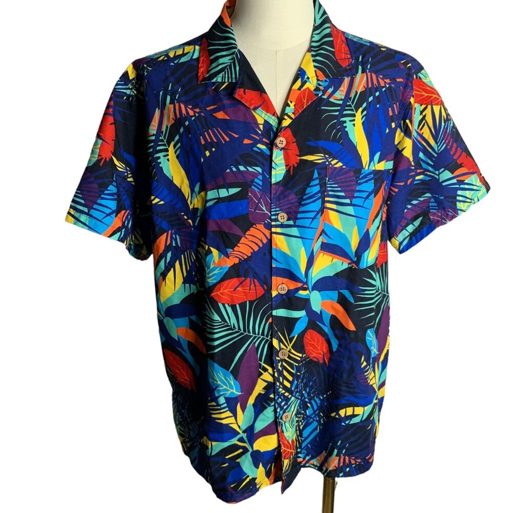 Six Islands Button Up Hawaiian Camp Shirt M Blue Palm Leaves Short Sleeve Pocket